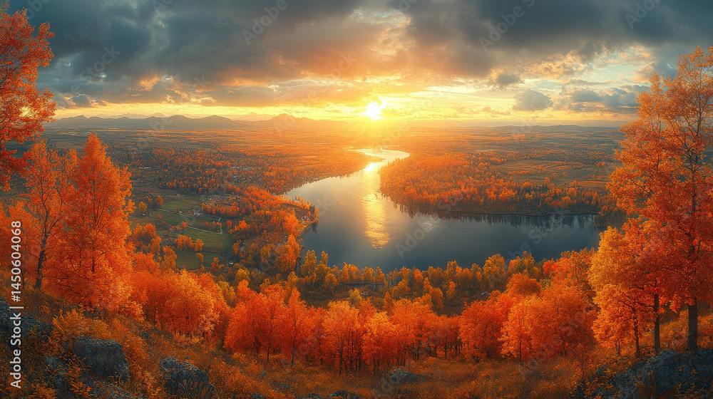 Naklejka premium A panoramic view of a winding river flowing through a valley with golden autumn foliage, mountains in the distance, and a brilliant sunset illuminating the scene
