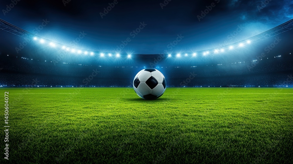 Naklejka premium Soccer ball on illuminated field at night