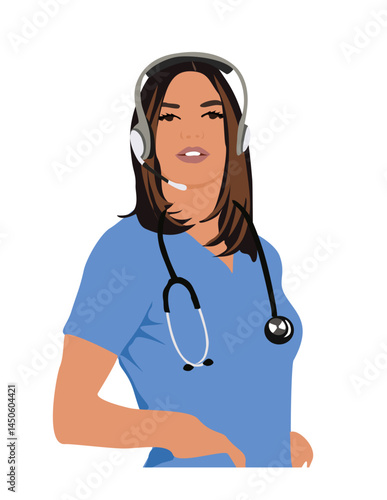 Hospital Call center representative, medical customer service operator vector illustration isolated on white background. Pretty female doctor in uniform with headset. Telemedicine, online doctor.