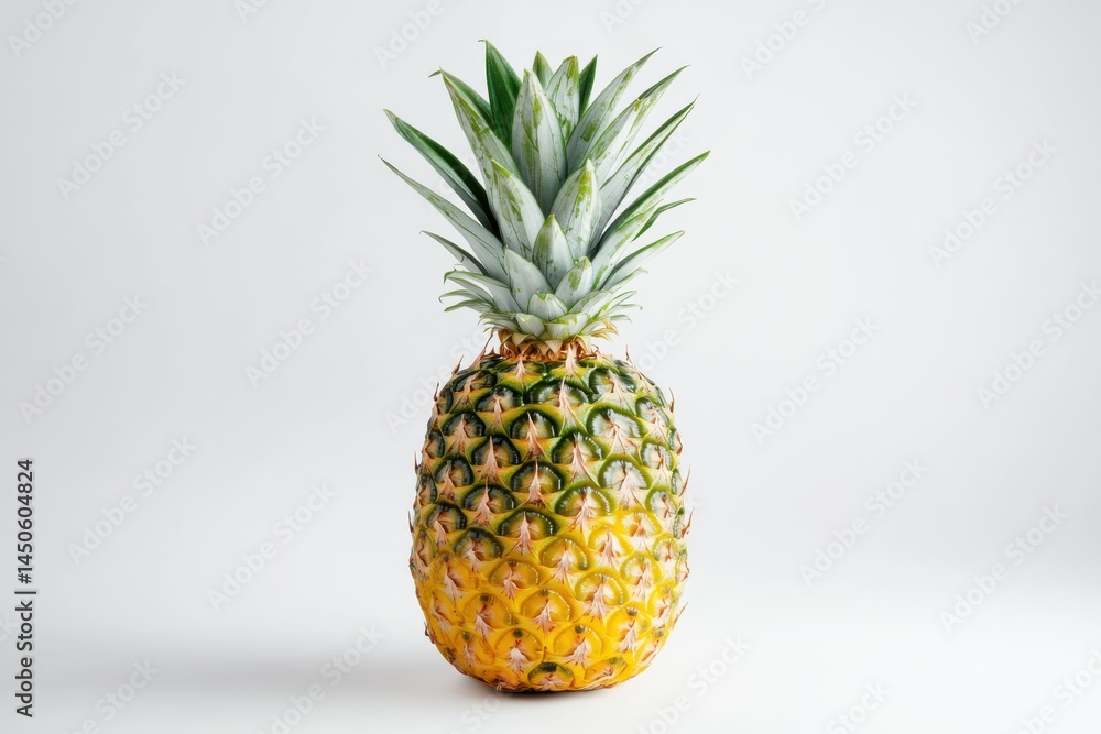 Single whole pineapple with leaves on a plain light background Single whole pineapple with leaves on a plain light background