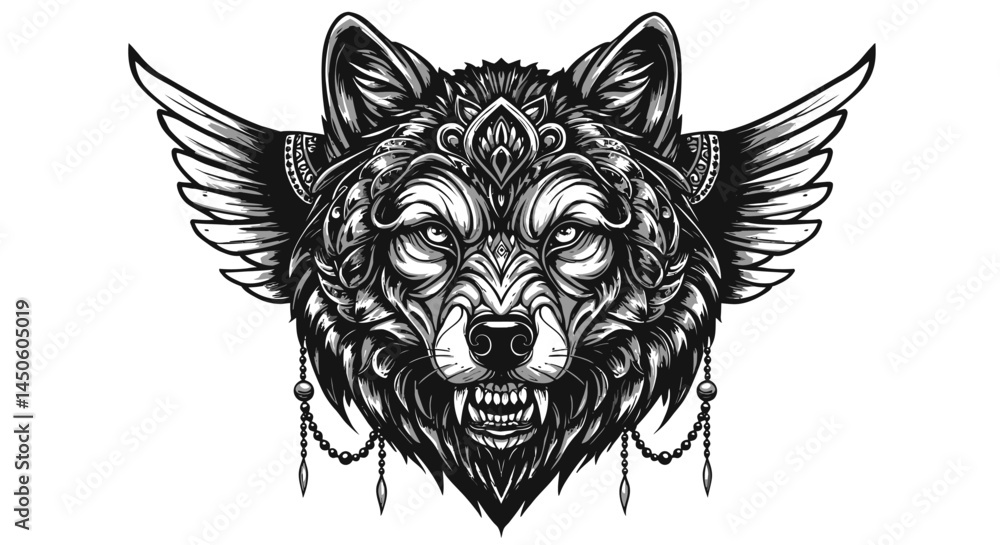 Obraz premium Stylized Wolf Portrait with Winged Headdress and Beaded Chain Detail