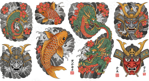 Japanese Tattoo Designs: Dragon, Koi Fish, and Samurai Mask