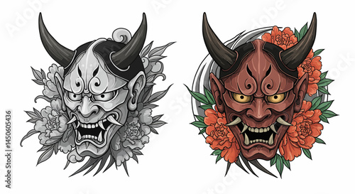 Monochromatic Oni Mask with Peonies: A Japanese Folklore Illustration