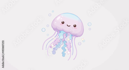 Cartoon Jellyfish with Stars and Bubbles, Pastel Colors, Right Side Composition