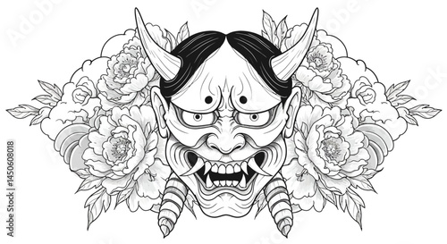 Monochrome Oni Mask with Peonies and Clouds