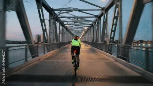 Evening cycling across a steel bridge