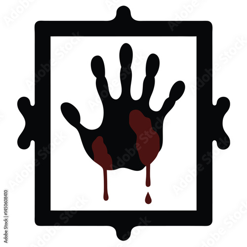 Symbolic representation of a bloodied hand within a decorative black frame isolated on white background