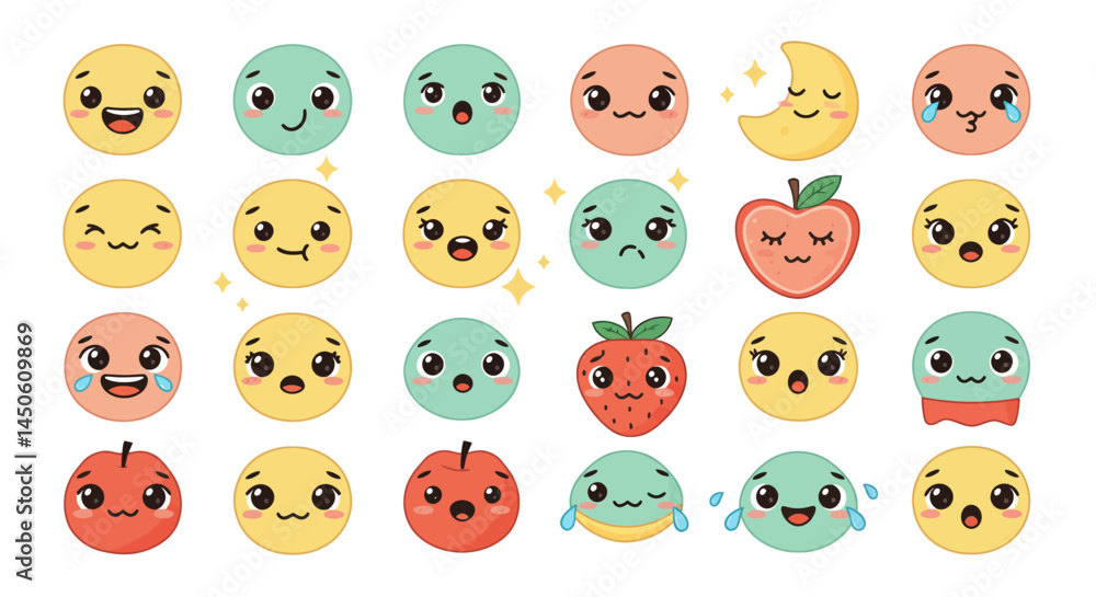 Cartoon Emoji Faces with Varied Expressions, Including Happy, Sad, and Apple-Shaped Cartoon Emoji Faces with Varied Expressions, Including Happy, Sad, and Apple-Shaped