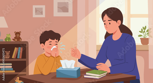 Cartoon boy with dark hair blowing his nose with a tissue at his desk