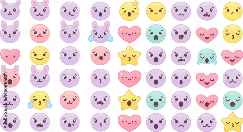 Assorted pastel emoji faces expressing various emotions and bunny characters Assorted pastel emoji faces expressing various emotions and bunny characters