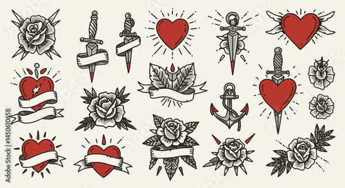 Traditional Tattoo Flash: Roses, Daggers, and Hearts with Banners