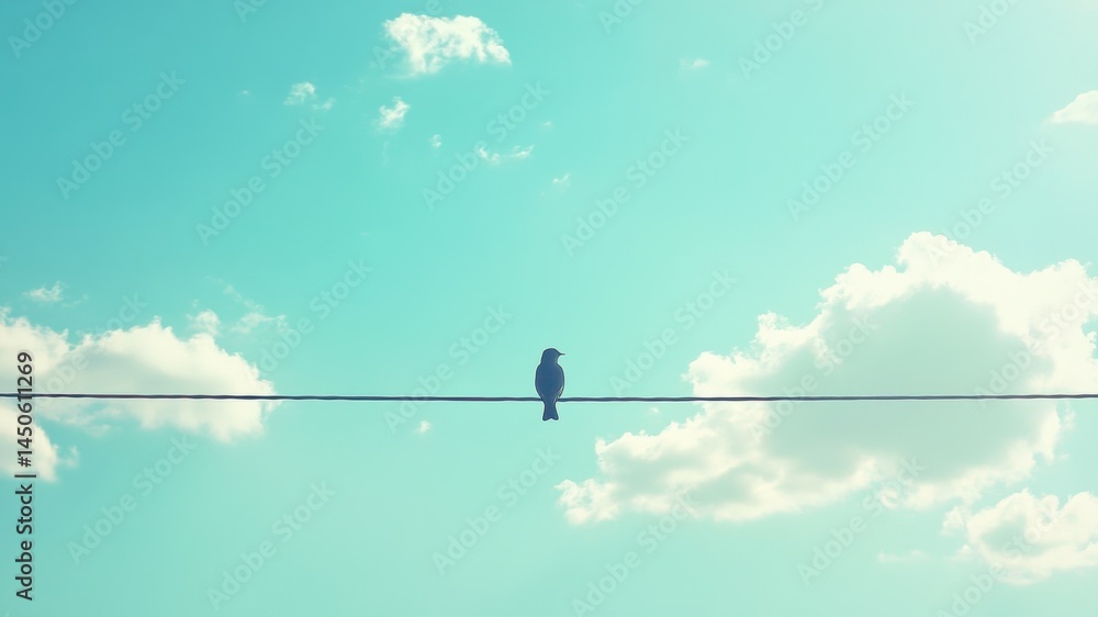 Fototapeta premium Bird perched on wire against a blue sky.