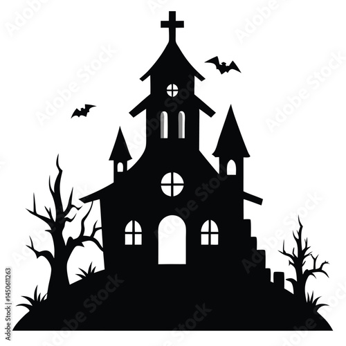 Spooky silhouette of a haunted church with bats and bare trees perfect for halloween