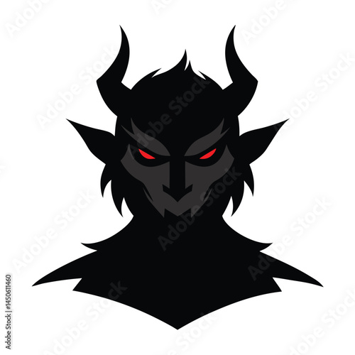 Vector illustration of a stylized demonic creature with horns and glowing red eyes on white background