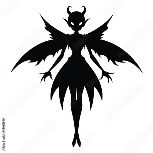 Silhouette of a mysterious demon fairy with wings and horns in black and white