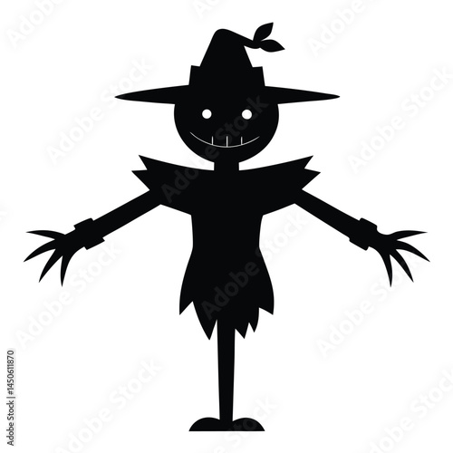 Silhouetted scarecrow illustration in black and white for halloween or autumnal designs