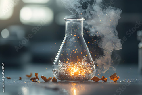 A flask explodes with fiery energy. A visual representation of scientific reactions explosions and discovery. Use this in education science promotions and advertisements.