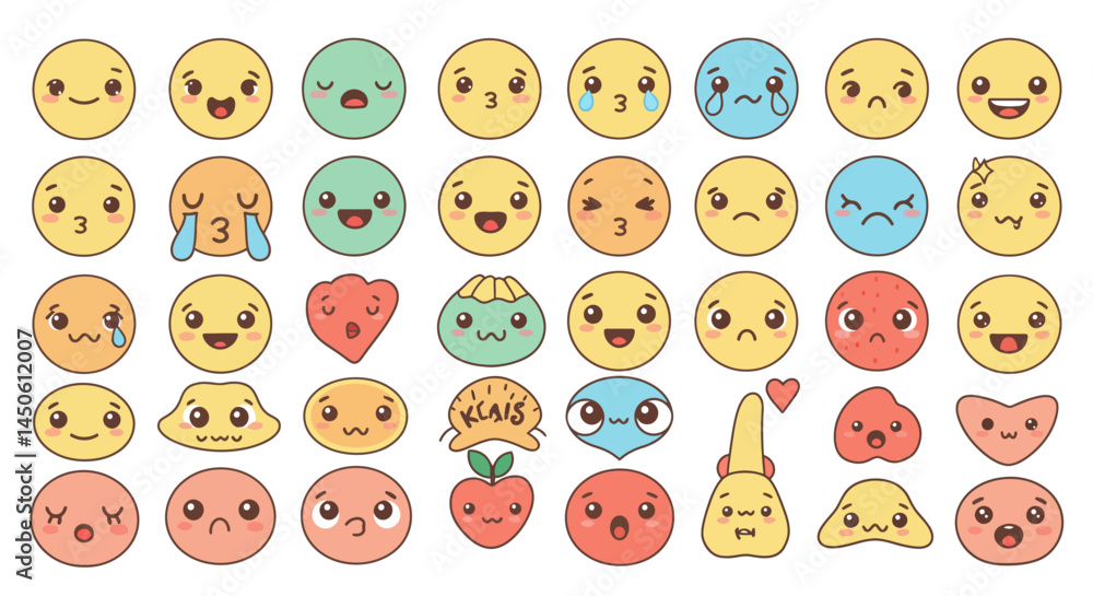 Obraz premium Diverse array of cartoonish emoji faces expressing varied emotions and expressions