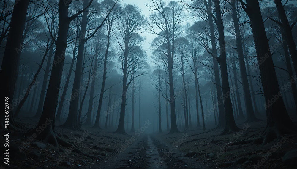 Naklejka premium A Misty, Eerie Forest Path Under a Gloomy Sky