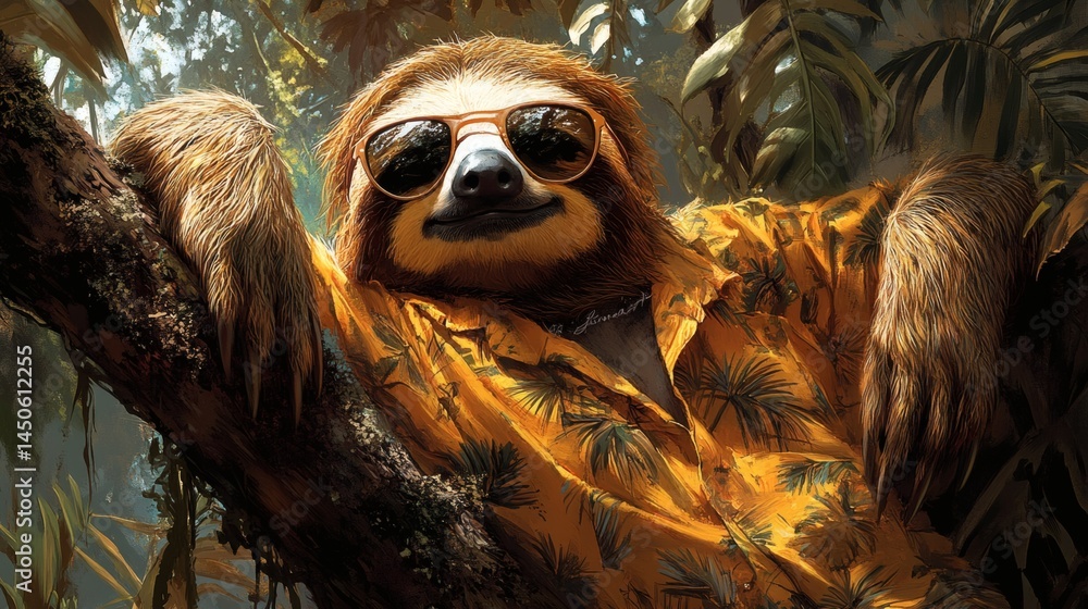 Obraz premium Three-toed sloth relaxing on a tree branch wearing sunglasses and tropical shirt, vacation mood, fauna chill lifestyle. on a transparent background, PNG image, PNG file.