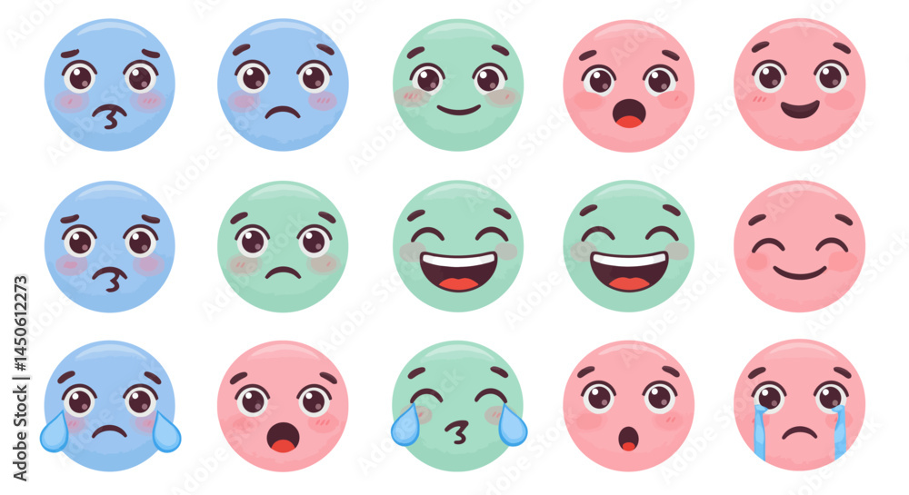 Fototapeta premium Collection of Cute Cartoon Emojis with Sad and Surprised Expressions