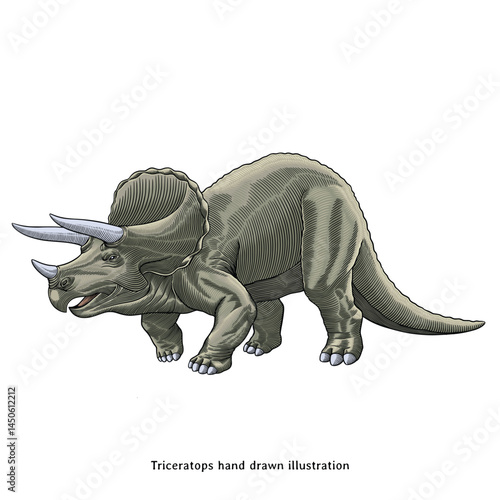 Triceratops Hand Drawn Engraving, Vintage Dinosaur Illustration