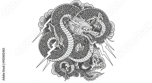 Intricate Japanese Dragon Tattoo Design with Lightning and Clouds.
