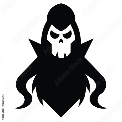 Black and white graphic of a grim reaper skull in a cloak representing death and the undead.