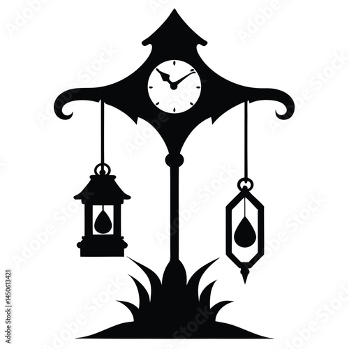 Elegant black silhouette of a clock tower with hanging lanterns on white background