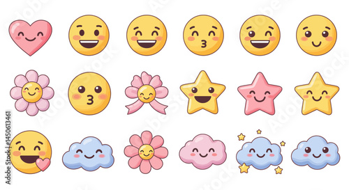 Assortment of Smiling Emojis, Flowers, Cloud, and Heart with Cheerful Expressions.