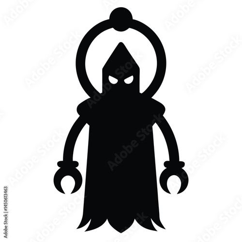 Silhouette depiction of a cloaked figure with menacing glowing eyes and a halo-like circle
