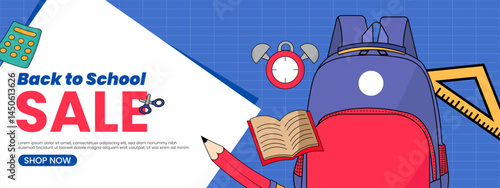 Rectangle Banner sale back to school with Backpack, book, globe, and toga hat on a checkered background