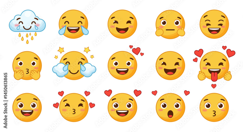 Cheerful Emoji Expressions Depicting Various Emotions and Reactions. Cheerful Emoji Expressions Depicting Various Emotions and Reactions.