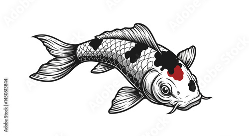 Monochrome Koi Fish Illustration with Detailed Scales and Flowing Tail
