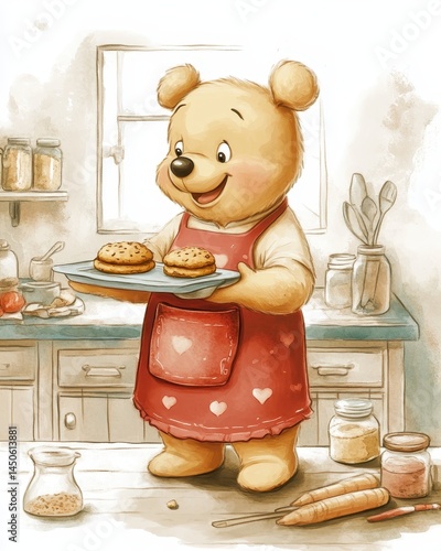 cartoon character of a cute bear baking cookies in the kitchen