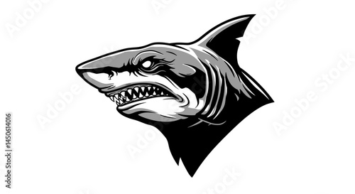 Fierce Shark Head with Sharp Teeth and Menacing Stare in Monochrome