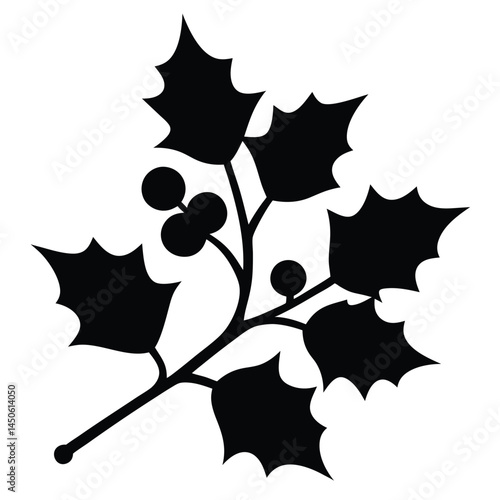 Elegant black and white silhouette illustration of a holly branch with berries perfect for christmas