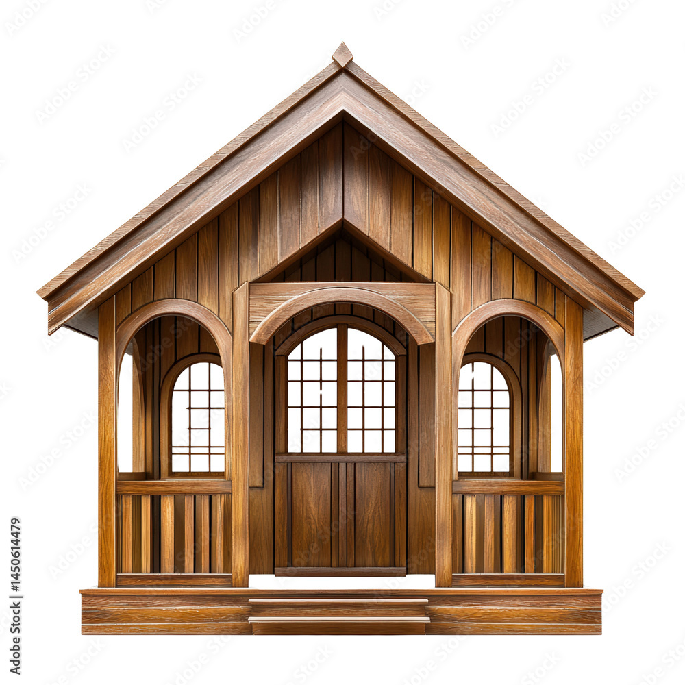 Obraz premium Elegant wooden house facade with detailed craftsmanship featu arched and a symmetrical structure, showcasing traditional architectural design and natural wood finish