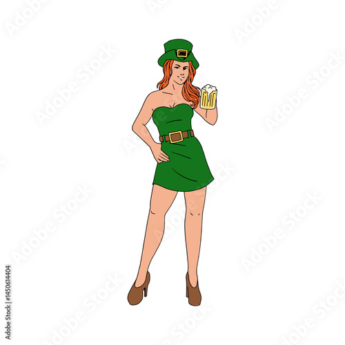 Charming Leprechaun Woman with a Beer Glass A stylized illustration of a woman in a green leprechaun dress, holding a beer glass.