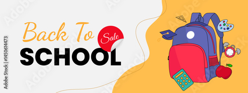 Yellow banner sale back to school with backpack, pencil, ruler, eraser, calculator, toga hat and clock hand drawn
