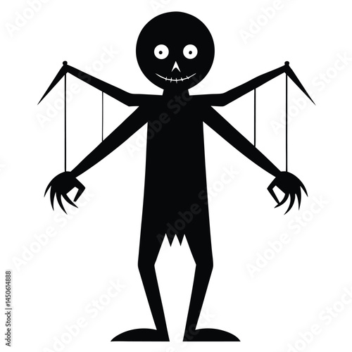 Silhouette of a creepy puppet with jagged fingers and strings on white background