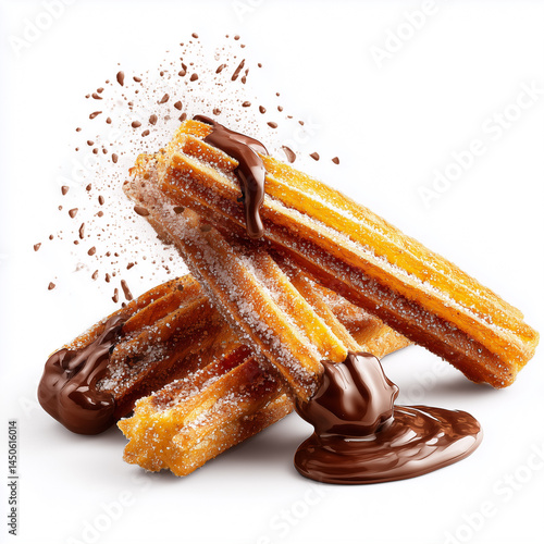 Mexican churros with sugar crystals falling golden churros, sugar dust, chocolate dipping sauce