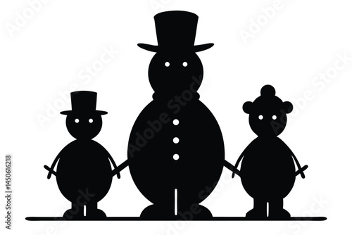 Black silhouette illustration of a family of snowmen holding hands standing together