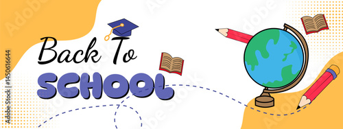 Yellow banner sale back to school with Globe, toga hat, pencil, and book