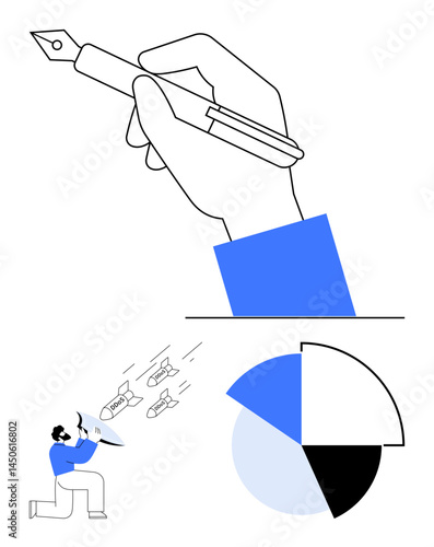 Giant hand holding a fountain pen, pie chart elements, person confronting incoming missiles. Ideal for creativity, activism, expression, analysis, courage communication conflict. Flat simple