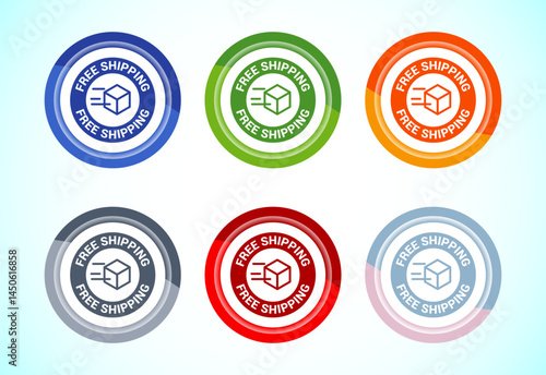 Free shipping icon design illustration, Free delivery label sign symbol, 6 color button design set