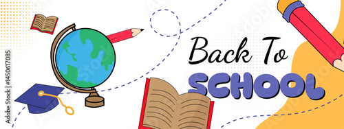 Yellow banner sale back to school with Globe, toga hat, pencil, and book