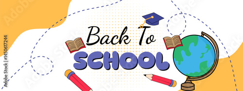 Yellow banner sale back to school with Globe, toga hat, pencil, and book