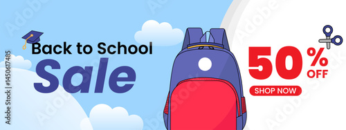 Cloud banner sale back to school with Backpack, toga hat, and scissor. hand drawn vector