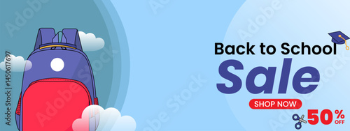 Cloud banner sale back to school with Backpack, toga hat, and scissor. hand drawn vector